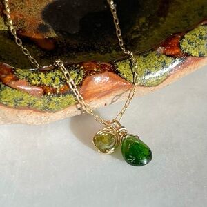 Gold Filled Asymmetrical Two Stone Green Chrome Diopside and Tourmaline Necklace